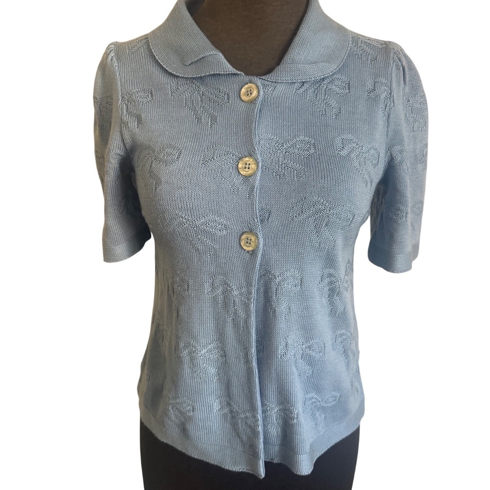 Vintage Made in California Blue‎ Bow Knit Short Sleeve Cardigan Peter Pan Collar